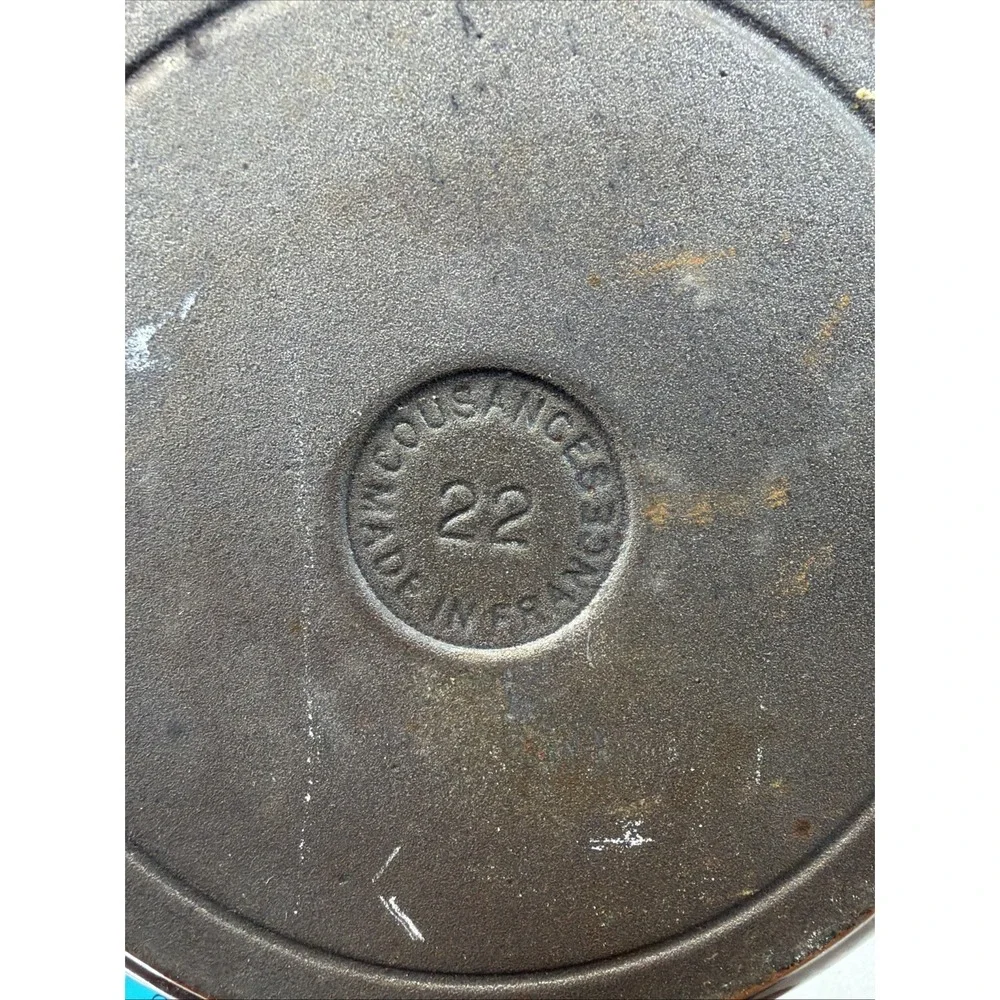 Vintage COUSANCES Orange Enamel Cast Iron Dutch Oven Number 22